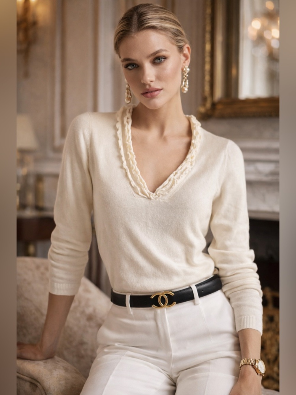 NWT Alfred Sung Pure Cashmere Cotton Blend Ruffle Vneck Cream Sweater Top